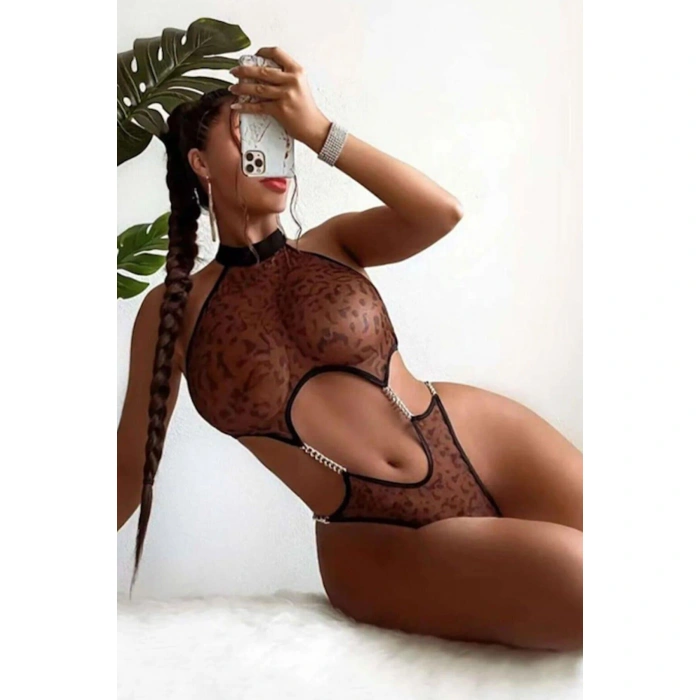 MARSiLYAN- Transparan Leopar Desenli Zincir Detaylı Fantezi Body