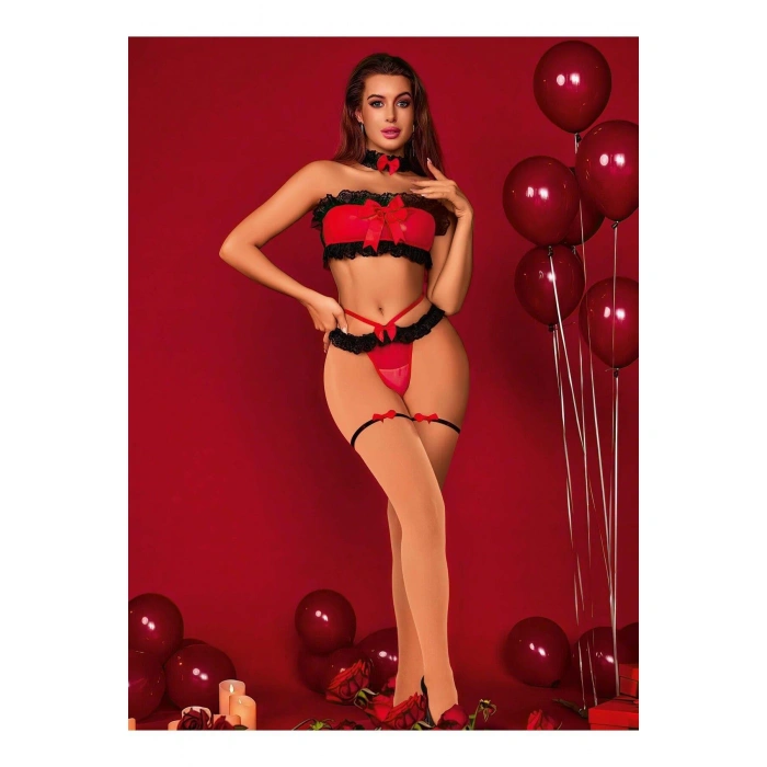 MARSiLYAN- Transparan Siyah-kırmızı Fantezi Bacak Bantlı Sütyen Külot Takımı