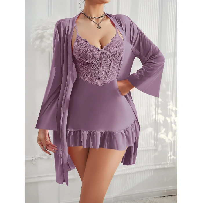 Özel Tasarım Dantel İşlemeli Fırfırlı Sabahlıklı 2li Mor Gecelik Takımı