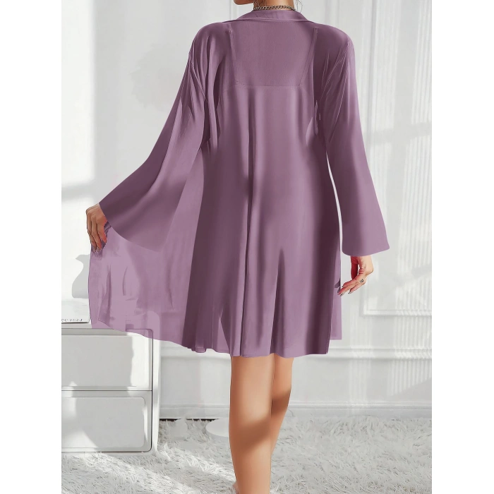 Özel Tasarım Dantel İşlemeli Fırfırlı Sabahlıklı 2li Mor Gecelik Takımı