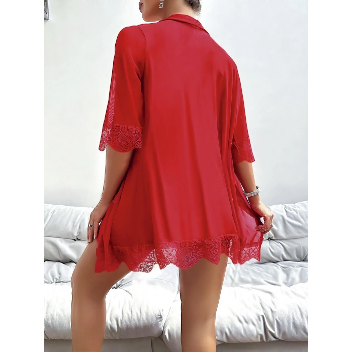 Özel Tasarım Dantel İşlemeli Göğüs Dekolteli Sabahlıklı Kırmızı 2li Tül Gecelik Takımı