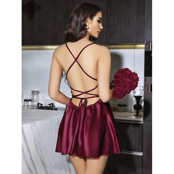 Özel Tasarım Sırt Dekolteli Sabahlıklı Saten Bordo 2li Gecelik Takımı