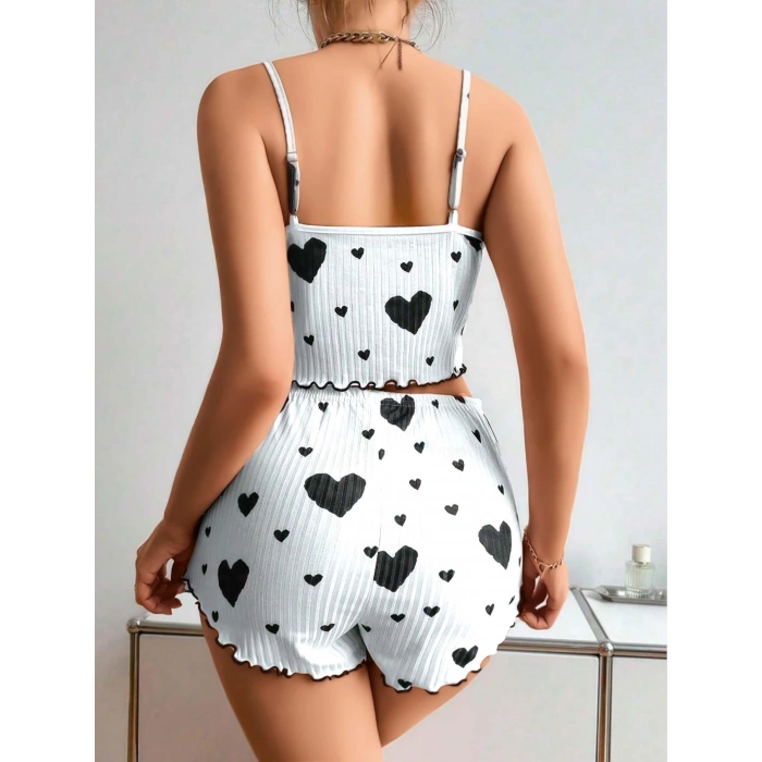 Pamuklu Beyaz Üstüne Siyah Kalp Desen Fitilli Askılı Şortlu Pijama Takımı
