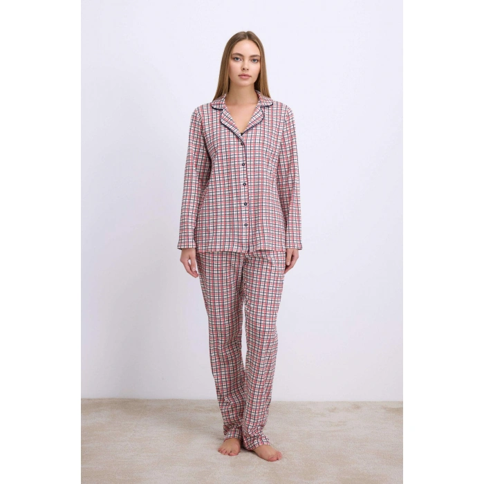 Pamuklu Uzun Kol Düğmeli Gömlek Ve Ekose Pantolon Pijama Takımı