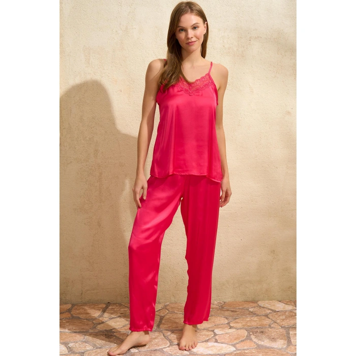 Saten Çiçek Baskılı Sabahlık Dantelli Atlet Ve Pantolon Pijama 3lü Takım