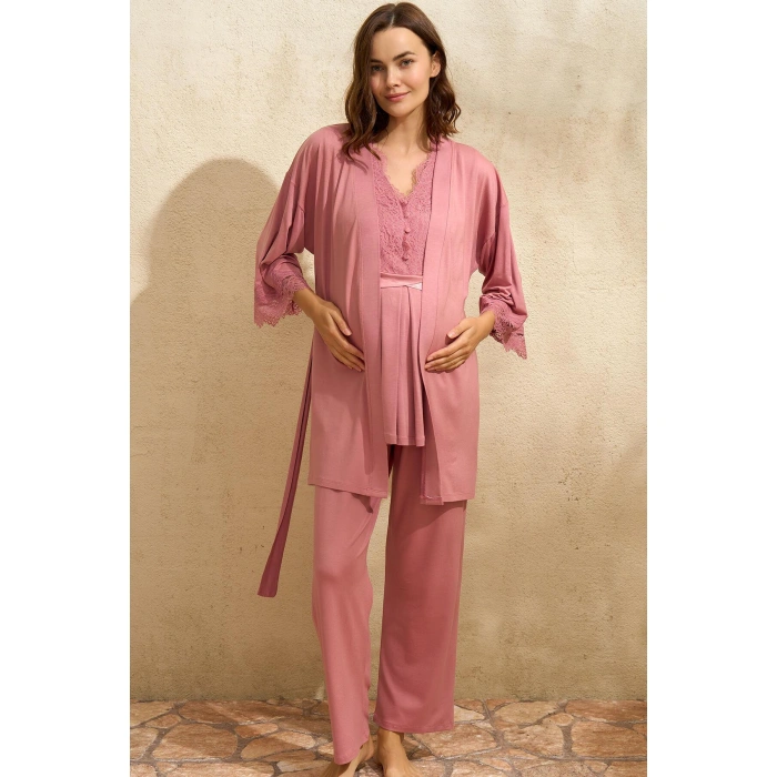 Sıfır Kol V Yaka Kadın Viskon Düz Yazlık Uzun Dantel Detaylı Hamile Pijama Takımı Sabahlık