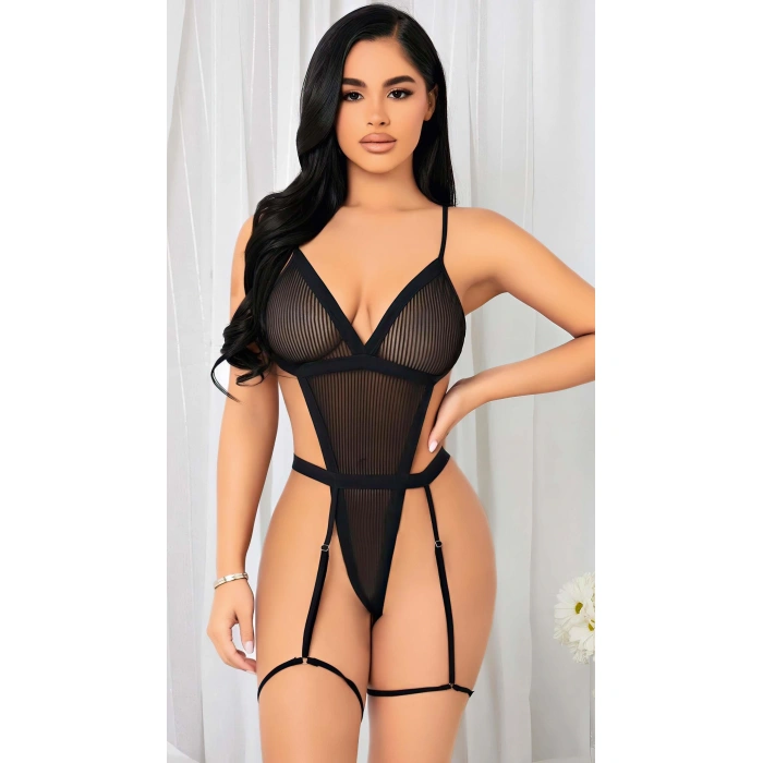 Siyah İp Detaylı Tül Fantezi Body