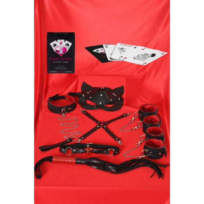 MARSİLYAN-Sexy Görselli Oyun Kartı Kama Sutra 7li Kırmızı Siyah Harness Set