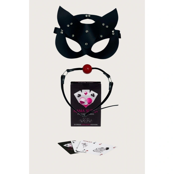 MARSİLYAN-Sexy Görselli Oyun Kartı Kama Sutra Siyah Ağız Topu Maske Set
