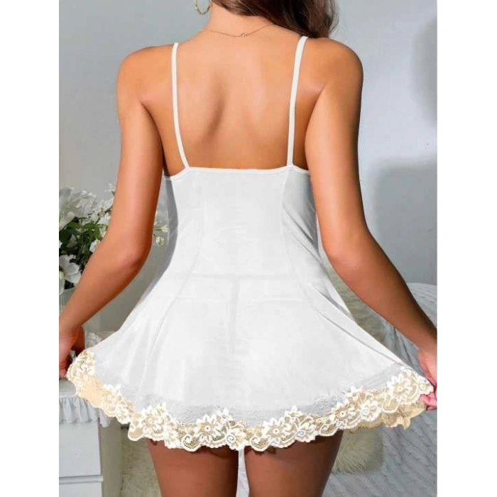 MARSiLYAN- Beyaz Dantel İşlemeli İnce Askılı Likralı Fantezi Tül Gecelik