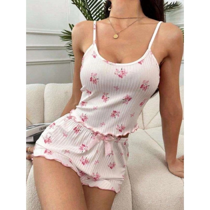 MARSiLYAN- Beyaz Üstüne Çiçek Desenli Fitilli Askılı Şortlu Pijama Takımı