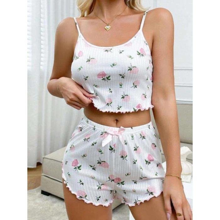 MARSiLYAN- Beyaz Üstüne Gül Desenli Fitilli Askılı Şortlu Pijama Takımı