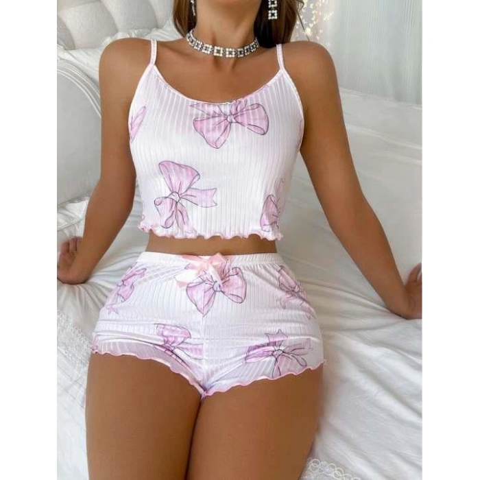 MARSiLYAN- Beyaz Üstüne Kurdela Desenli Fitilli Askılı Şortlu Pijama Takımı