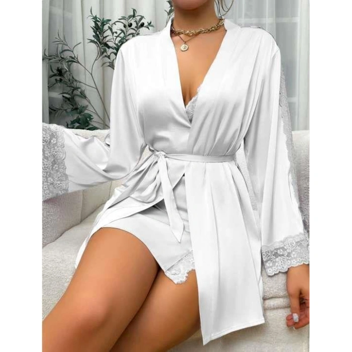 MARSiLYAN- Dantel İşlemeli İnce Askılı Beyaz 2li Saten Gecelik Sabahlık Takımı