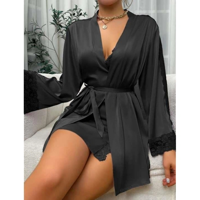 MARSiLYAN- Dantel İşlemeli İnce Askılı Siyah 2li Saten Gecelik Sabahlık Takımı