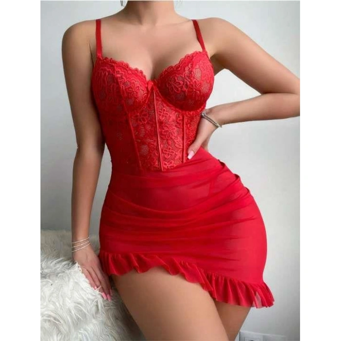 MARSiLYAN- Fırfırlı Dantel İşlemeli Tül Fantezi Kırmızı Gecelik