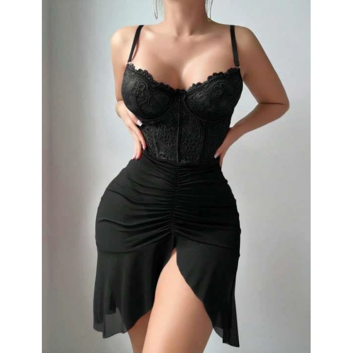 MARSiLYAN- Fırfırlı Dantel İşlemeli Tül Fantezi Siyah Gecelik