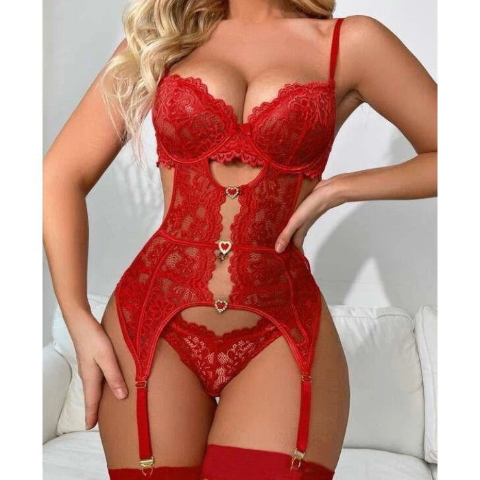 MARSiLYAN- Kalp Aksesuarlı Dantelli Fantezi Kırmızı Jartiyer Takım