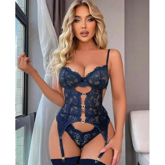 MARSiLYAN- Kalp Aksesuarlı Dantelli Fantezi Mavi Jartiyer Takım