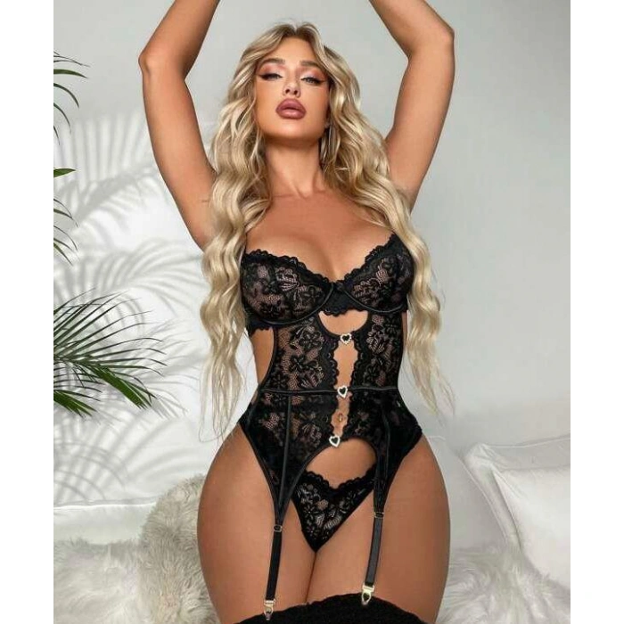 MARSiLYAN- Kalp Aksesuarlı Dantelli Fantezi Siyah Jartiyer Takım