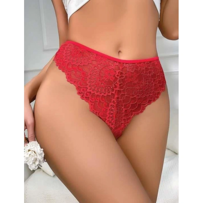 MARSiLYAN- Kırmızı Dantel İşlemeli Arkası Kalp Detaylı Fantezi String Tanga