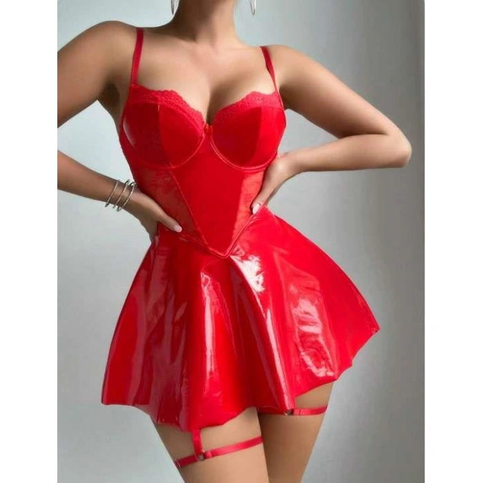 MARSiLYAN- Kırmızı Parlak Deri Şık Bacak Bantlı Fantezi Club Elbise