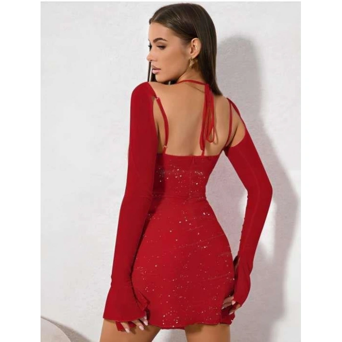 MARSiLYAN- Kırmızı Yırtmaç Detay Simli Fantezi Mini Club Elbisesi