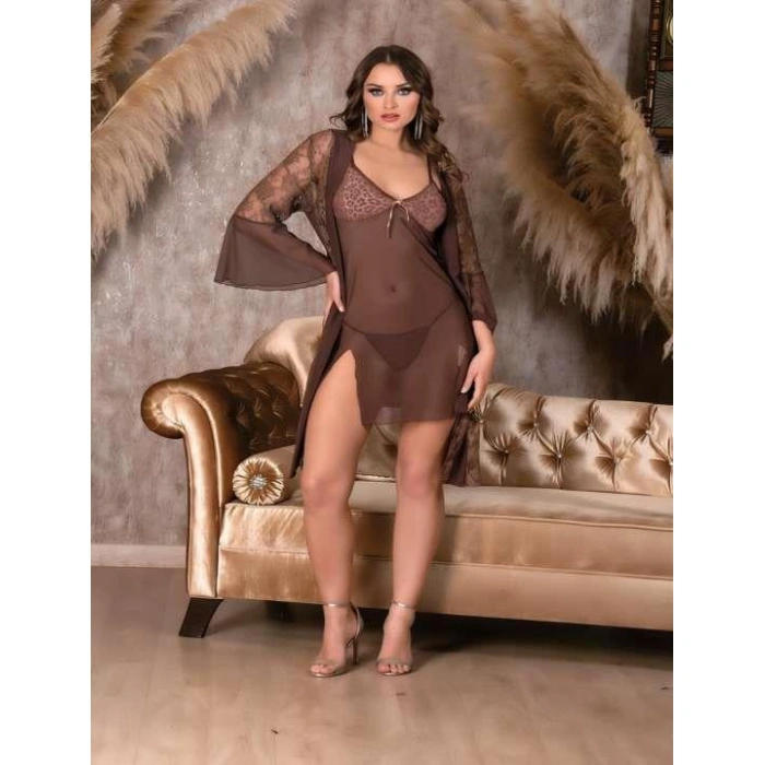 MARSiLYAN- Leopar Desenli Transparan Dantel İşlemeli Tül Yırtmaçlı 2li Gecelik Takımı