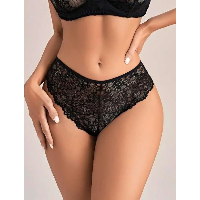 MARSiLYAN- Siyah Dantel İşlemeli Arkası Kalp Detaylı Fantezi String Tanga