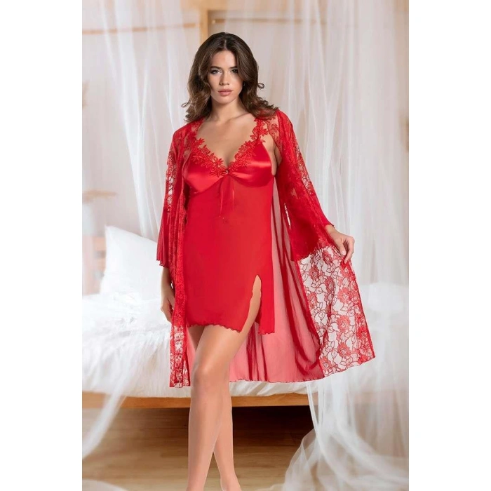 MARSiLYAN- Transparan Dantel İşlemeli Tül Yırtmaçlı 2li Kırmızı Gecelik Takımı