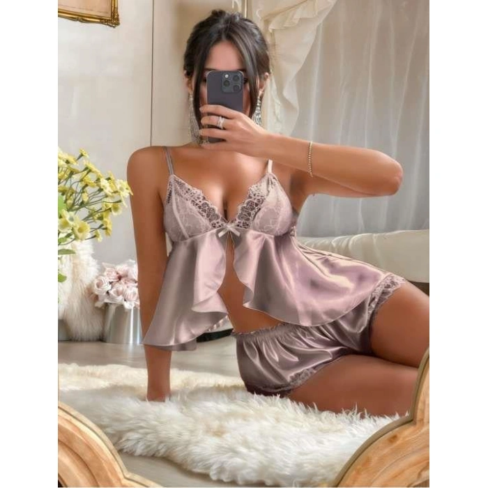 MARSiLYAN- Vizon Dantel İşlemeli İnce Askılı Saten Şortlu Takım