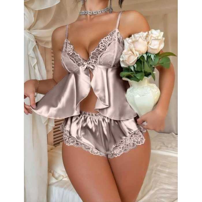 MARSiLYAN- Vizon Dantel İşlemeli İnce Askılı Saten Şortlu Takım