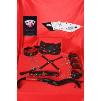 MARSİLYAN-Sexy Görselli Oyun Kartı Kama Sutra 7li Kırmızı Siyah Harness Set