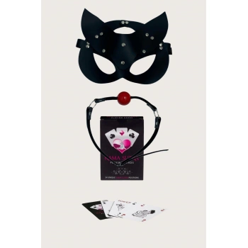 MARSİLYAN-Sexy Görselli Oyun Kartı Kama Sutra Siyah Ağız Topu Maske Set