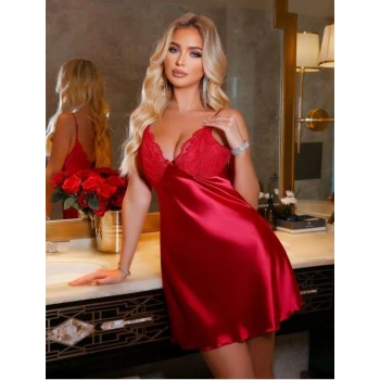 Kırmızı Dantel İşlemeli İnce Askılı Saten Kısa Fantezi Gecelik