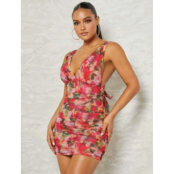 MARSiLYAN- Çiçek Desenli Büzgülü Arkadan Bağlamalı Fantezi Elbise