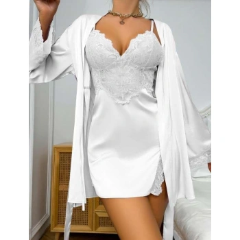 MARSiLYAN- Dantel İşlemeli İnce Askılı Beyaz 2li Saten Gecelik Sabahlık Takımı