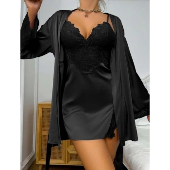 MARSiLYAN- Dantel İşlemeli İnce Askılı Siyah 2li Saten Gecelik Sabahlık Takımı