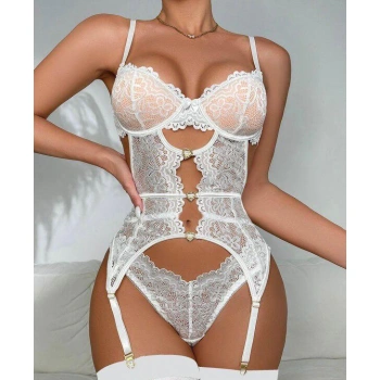 MARSiLYAN- Kalp Aksesuarlı Dantelli Fantezi Beyaz Jartiyer Takım