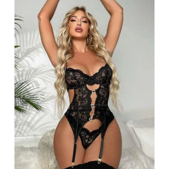 MARSiLYAN-  Kalp Aksesuarlı Dantelli Fantezi Siyah Jartiyer Takım