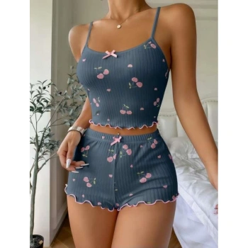 MARSiLYAN- Mavi Kiraz Desenli Askılı Şortlu Pijama Takımı