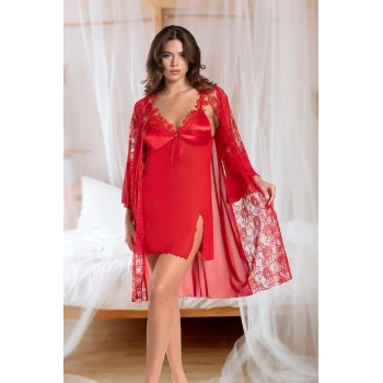 MARSiLYAN- Transparan Dantel İşlemeli Tül Yırtmaçlı 2li Kırmızı Gecelik Takımı