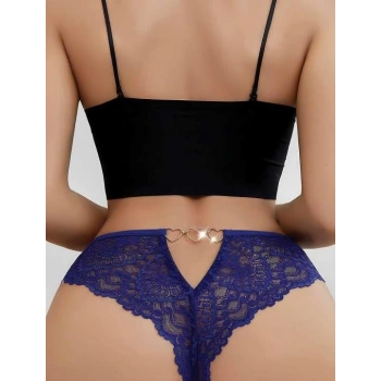 Mavi Dantel İşlemeli Arkası Kalp Detaylı Fantezi String Tanga