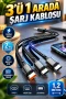 3 Başlıklı Hızlı Şarj Kablosu Type-C Micro USB Lightning Metal Alaşımlı Akıllı Çipli 1,2 Metre