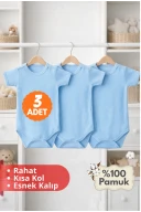 2-12 Yaş 3lü Mavi Bebek Çocuk Body %100 Pamuk Esnek Kalıp Kısa Kol Çıtçıtlı Zıbın