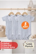 2-12 Yaş 3lü Gri Bebek Çocuk Body %100 Pamuk Esnek Kalıp Kısa Kol Çıtçıtlı Zıbın
