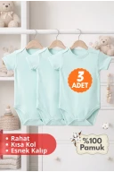 2-12 Yaş 3lü Yeşil Bebek Çocuk Body %100 Pamuk Esnek Kalıp Kısa Kol Çıtçıtlı Zıbın