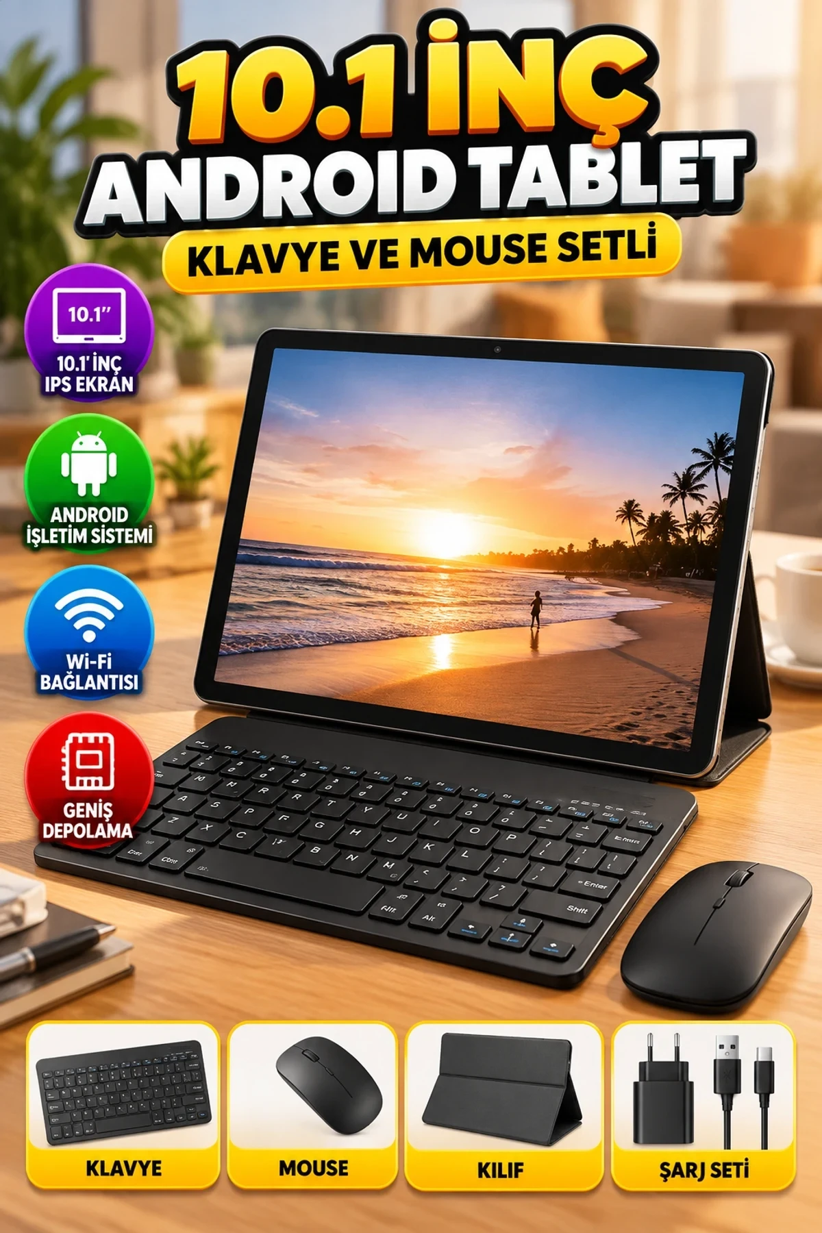 10.1 İnç IPS Ekranlı Android Tablet – Klavye ve Mouse Destekli Set