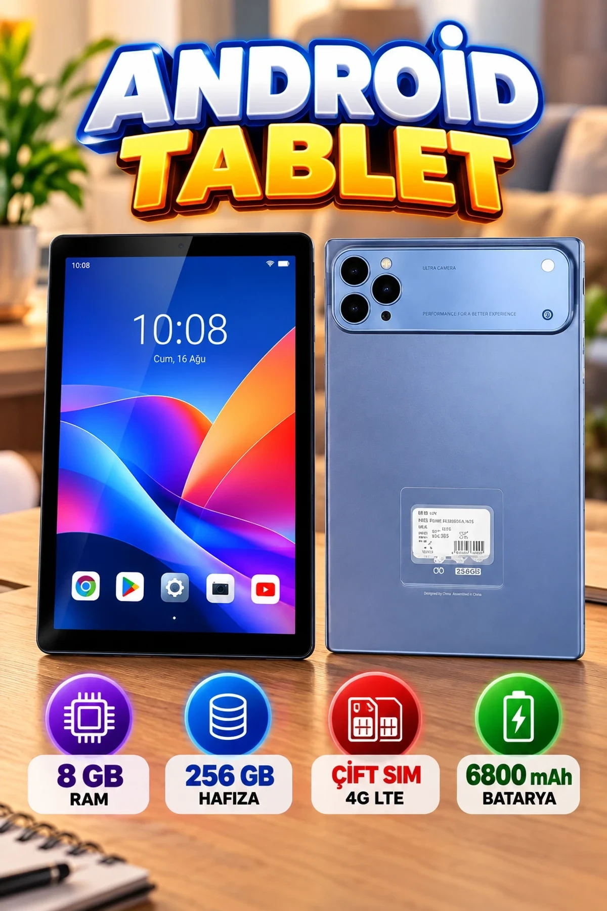 10.1 İnç IPS LCD Android Tablet 8 GB RAM 256 GB Hafıza – Çift SIM 4G LTE 6800 mAh