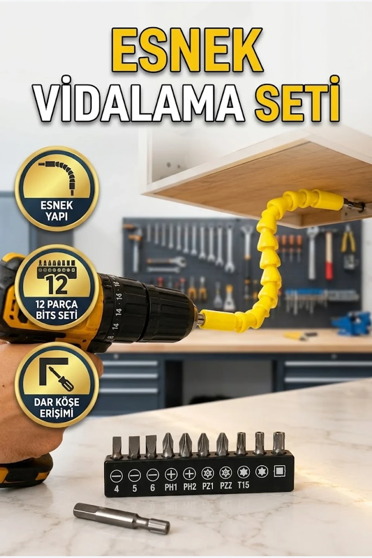 12 Parça Akrobat Bits Vidalama Seti Esnek Uçlu Çok Amaçlı Kullanım